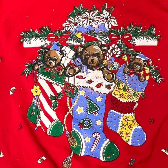 Vintage 80s Holiday Time Bear Stocking Xmas Ugly Sweater Party Sweatshirt - Picture 2 of 5